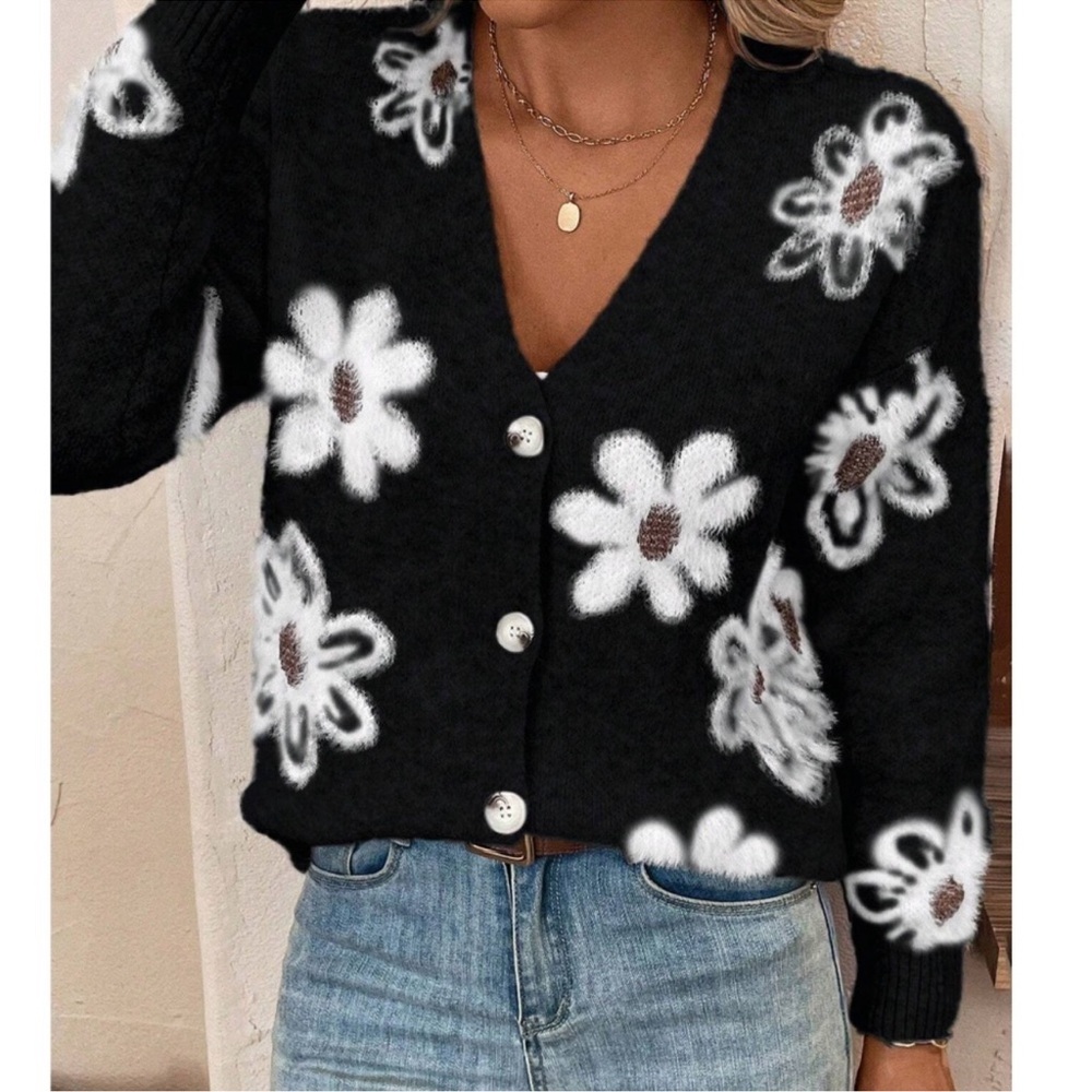 Cozy Floral Print Fuzzy Button Down Oversized Cardigan XS S M L XL